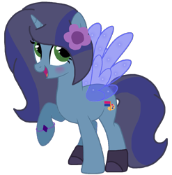 Size: 1053x1064 | Tagged: safe, artist:tocyabases, artist:徐詩珮, oc, oc only, oc:savannah london, equine, fictional species, mammal, pony, unicorn, hasbro, my little pony, 2021, base used, blue body, blue fur, blushing, clothes, female, flower, flower in hair, fur, gift art, green eyes, hair, hair accessory, happy, horn, magic wings, mare, multicolored hair, one hoof raised, open mouth, simple background, smiling, socks, solo, solo female, tail, transparent background, two toned hair, wings