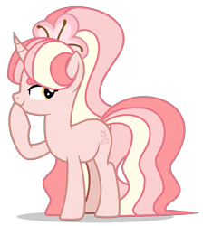 Size: 911x1017 | Tagged: safe, artist:maiii-san, artist:sapphiretwinkle, oc, oc only, oc:cherry bloom, equine, fictional species, mammal, pony, unicorn, hasbro, my little pony, base used, cute, female, fur, hair, horn, looking at something, mare, multicolored hair, multicolored tail, one hoof raised, pink body, pink fur, smiling, smug, solo, solo female, tail
