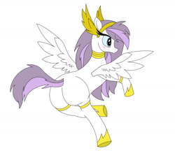 Size: 1404x1228 | Tagged: source needed, safe, artist:le-23, athena (guardians of pondonia), equine, fictional species, mammal, pegasus, pony, feral, guardians of pondonia, hasbro, my little pony, 2021, anatomically incorrect, blushing, butt, eyelashes, feathered wings, feathers, female, flying, fur, grin, hair, hoof shoes, jewelry, mare, necklace, purple hair, regalia, simple background, smiling, solo, solo female, spread wings, transparent background, white background, white body, white fur, white wings, wings