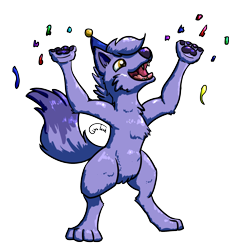 Size: 1782x1812 | Tagged: safe, artist:gyrotech, astra, canine, fox, mammal, feral, 2021 furbooru anniversary, furbooru, ambiguous gender, anniversary, bipedal, clothes, confetti, hat, open mouth, party hat, paws, sharp teeth, simple background, solo, solo ambiguous, tail, teeth, tongue, transparent background