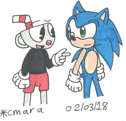 Size: 738x706 | Tagged: safe, artist:cmara, cuphead (cuphead), sonic the hedgehog (sonic), fictional species, hedgehog, mammal, object head, anthro, humanoid, cuphead, sega, sonic the hedgehog (series), 2018, 2d, crossover, duo, duo male, male, males only, quills, traditional art
