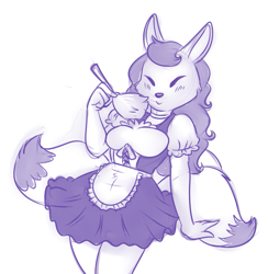Size: 725x744 | Tagged: safe, artist:lonbluewolf, canine, fox, mammal, anthro, nintendo, the legend of zelda, the legend of zelda: majora's mask, 2013, blushing, breasts, clothes, female, keaton, maid outfit, monochrome, multiple tails, simple background, solo, solo female, tail, white background