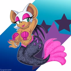 Size: 3000x3000 | Tagged: suggestive, artist:omegasunburst, rouge the bat (sonic), bat, fictional species, fish, mammal, anthro, sega, sonic the hedgehog (series), abstract background, arm behind head, armpits, belly button, big breasts, bracelet, breasts, cute, cute little fangs, eyelashes, fangs, female, fins, fish tail, glistening, glistening body, green eyes, high res, jewelry, lipstick, looking at you, makeup, mermay, nail polish, seashell, seashell bra, solo, solo female, tail, teeth, webbed wings, wings