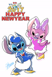 Size: 1377x2039 | Tagged: safe, artist:harara, angel (lilo & stitch), daisy duck (disney), dewey duck (disney), donald duck (disney), huey duck (disney), louie duck (disney), scrump (lilo & stitch), stitch (lilo & stitch), alien, bird, duck, experiment (lilo & stitch), fictional species, waterfowl, anthro, feral, disney, ducktales, ducktales (1987), lilo & stitch, mickey and friends, 2017, 4 fingers, antennae, beak, black eyes, blue body, blue fur, blue nose, blue shirt, bow, bow tie, chest fluff, clothes, colored tongue, costume, crossover, curtsey, dress, ears, english text, eyelashes, feathers, female, fluff, fur, group, hair bow, hat, high heels, holiday, inanimate object, long antennae, looking at you, male, new year, new year 2017, pink body, pink dress, pink tongue, purple mouth, purple nose, purple tongue, ragdoll, sailor hat, sailor outfit, shirt, shoes, signature, simple background, standing, tongue, topwear, torn ear, white background, white feathers, yellow beak, yellow shoes
