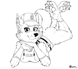 Size: 800x708 | Tagged: safe, artist:marcushunter, everest (paw patrol), canine, dog, husky, mammal, nordic sled dog, anthro, digitigrade anthro, nickelodeon, paw patrol, black nose, bottomless, breasts, butt, cap, clothes, collar, digital art, ears, female, fur, hat, looking at you, lying down, monochrome, nudity, partial nudity, paw pads, paws, simple background, solo, solo female, tail, topwear, underpaw, vest, white background