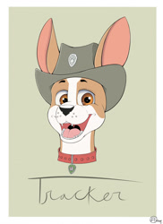 Size: 931x1280 | Tagged: safe, artist:jimfoxx, tracker (paw patrol), canine, chihuahua, dog, mammal, feral, nickelodeon, paw patrol, 2021, black nose, bust, clothes, collar, cowboy hat, digital art, ears, fur, hat, looking at you, male, open mouth, open smile, portrait, simple background, smiling, smiling at you, solo, solo male, tongue