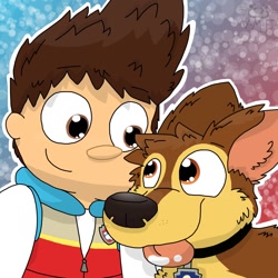 Size: 1280x1280 | Tagged: safe, artist:vixen-meme-fox, chase (paw patrol), ryder (paw patrol), canine, dog, german shepherd, human, mammal, feral, nickelodeon, paw patrol, 2020, black nose, clothes, collar, digital art, duo, duo male, ears, fur, looking at each other, male, males only, open mouth, simple background, tail, tongue, tongue out