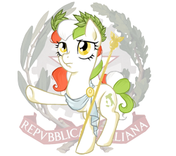 Size: 900x800 | Tagged: safe, artist:boosy, oc, oc only, oc:princess stivalia, earth pony, equine, fictional species, mammal, pony, hasbro, my little pony, clothes, emblem, female, italian text, italy, laurel wreath, mare, nation ponies, ponified, scepter, simple background, solo, solo female, toga, transparent background, venerday
