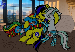 Size: 1069x748 | Tagged: suggestive, artist:mrstheartist, oc, oc only, oc:heart angel, oc:ponyseb 2.0, oc:royal strength, alicorn, equine, fictional species, mammal, pegasus, pony, unicorn, feral, friendship is magic, hasbro, my little pony, art trade, bed, butt, clothes, cutie mark, female, group, legwear, male, mare, morning, panties, romantic, stallion, striped clothes, striped legwear, striped panties, striped underwear, trio, underwear