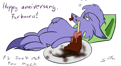 Size: 1436x784 | Tagged: safe, artist:soccy, furbooru exclusive, astra, canine, fox, mammal, feral, 2021 furbooru anniversary, furbooru, 2021, ambiguous gender, anniversary, birthday cake, candle, ears, food, fur, multicolored fur, pillow, plate, purple body, purple fur, rubbing stomach, simple background, solo, solo ambiguous, stuffed belly, tail, tongue, tongue out, transparent background, two toned body, two toned fur