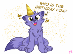 Size: 640x474 | Tagged: safe, artist:rainbow eevee, furbooru exclusive, astra, canine, fox, mammal, 2021 furbooru anniversary, furbooru, 2021, ambiguous gender, animated, anniversary, arrow, astrabetes, awww, behaving like a dog, cheek fluff, chest fluff, cute, excited, eyebrows, fluff, fur, gif, happy, looking at you, multicolored fur, open mouth, open smile, party hat, purple body, purple fur, rainbow eevee is trying to murder us, simple background, sitting, smiling, solo, solo ambiguous, stars, tail, tail wag, text, two toned body, two toned fur, white background, yellow eyes