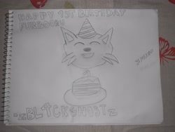 Size: 4608x3456 | Tagged: safe, artist:bl4ckgh0st, furbooru exclusive, astra, canine, fox, mammal, ambiguous form, 2021 furbooru anniversary, furbooru, 2021, ambiguous gender, anniversary, birthday, birthday cake, birthday hat, black nose, candle, cute, cute little fangs, fangs, high res, irl, open mouth, open smile, photo, photographed artwork, signature, smiling, solo, solo ambiguous, teeth, traditional art