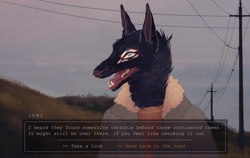 Size: 2000x1263 | Tagged: safe, artist:dappermouth_art, canine, mammal, wolf, anthro, clothes, game, multiple eyes, shirt, topwear