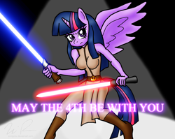 Size: 1576x1256 | Tagged: safe, artist:sonigoku, twilight sparkle (mlp), anthro, friendship is magic, hasbro, my little pony, star wars, 2014, anthrofied, breasts, cosplay, crossover, female, lightsaber, solo, solo female, weapon