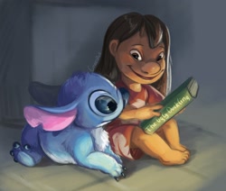 Size: 1588x1349 | Tagged: safe, artist:creesa, lilo pelekai (lilo & stitch), stitch (lilo & stitch), alien, experiment (lilo & stitch), fictional species, human, mammal, disney, lilo & stitch, 2020, 4 toes, back marking, bangs, black hair, blue body, blue eyes, blue fur, blue nose, blue paw pads, book, brown eyes, child, claws, clothes, duo, ears, english text, female, fur, hair, male, muumuu, no sclera, sitting, the ugly duckling, torn ear, young