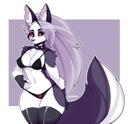 Size: 1636x1583 | Tagged: safe, alternate version, artist:tanookiluna, loona (vivzmind), canine, fictional species, hellhound, mammal, anthro, hazbin hotel, helluva boss, 2021, bikini, black nose, border, breasts, chest fluff, cleavage, cleavage fluff, clothes, collar, ears, eye through hair, eyebrow piercing, eyebrow through hair, eyebrows, eyelashes, eyeshadow, female, fingerless gloves, fluff, fur, gloves, gray body, gray fur, gray hair, hair, hand on hip, legwear, long hair, looking at you, makeup, multicolored fur, piercing, solo, solo female, spiked collar, swimsuit, tail, thick thighs, thigh highs, thighs, torn ear, white body, white border, white fur