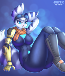 Size: 1375x1625 | Tagged: safe, artist:complextree, rivet (r&c), fictional species, lombax, mammal, anthro, ratchet & clank, 2021, big breasts, blue body, blue eyes, blue fur, bodysuit, boots, breasts, butt, clothes, cyborg, ears, eyebrows, eyelashes, female, fur, goggles, goggles on head, hair, hand behind head, multicolored fur, open mouth, prosthetic arm, prosthetics, scarf, shoes, solo, solo female, tail, thick thighs, thighs, tight clothing, two toned body, two toned fur, white body, white fur