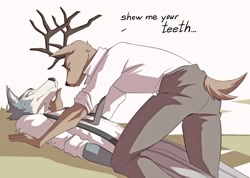 Size: 2732x1940 | Tagged: safe, artist:allatir, artist:raidfonder, legoshi (beastars), louis (beastars), canine, cervid, deer, mammal, red deer, wolf, anthro, beastars, 2020, antlers, butt, clothes, dialogue, digital art, duo, duo male, fingers, fur, horn, looking at each other, male, male/male, males only, talking, text
