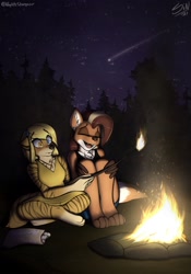 Size: 1668x2388 | Tagged: safe, artist:stargazer, oc, oc only, oc:kris, oc:lily, canine, fox, mammal, anthro, black nose, black stripes, blonde hair, blue eyes, breasts, brown body, brown fur, brown hair, brown nose, burning, campfire, chest fluff, clothes, cute, cute little fangs, duo, duo female, ear fluff, ear piercing, ears, eyebrow through hair, eyebrows, eyelashes, eyes closed, fangs, female, females only, fire, floppy ears, fluff, food, fur, gloves (arm marking), hair, heterochromia, marshmallow, multicolored fur, multicolored hair, night, open mouth, open smile, orange body, orange fur, paws, piercing, shooting star, smiling, socks (leg marking), star, stars, striped fur, stripes, tail, teeth, tongue, two toned hair, vixen, white body, white fur, yellow body, yellow eyes, yellow fur