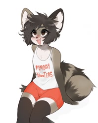 Size: 1016x1280 | Tagged: safe, artist:fredek666, mammal, anthro, hooters, blushing, bottomwear, brown body, brown eyes, brown fur, brown hair, bulge, clothes, ear fluff, ears, femboy, femboy hooters, fluff, fur, hair, happy, hooters outfit, legwear, male, meme, multicolored fur, open mouth, open smile, orange shorts, shirt, short shorts, shorts, simple background, smiling, solo, solo male, tail, tail fluff, tank top, text, text on clothing, text on shirt, text on topwear, thigh highs, topwear, two toned body, two toned fur, white background, white body, white fur