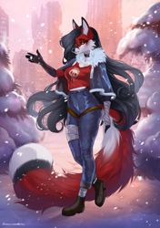 Size: 900x1281 | Tagged: safe, artist:sorafoxyteils, oc, oc only, canine, fox, mammal, anthro, 2021, bandage, black body, black fur, black hair, black nose, blushing, boots, bottomwear, building, clothes, coat, colored sclera, commission, detailed background, ear fluff, eyebrows, eyelashes, female, fingerless gloves, fluff, fur, gloves, gloves (arm marking), hair, long hair, looking at you, multicolored fur, orange sclera, pants, red body, red fur, shoes, snow, snowfall, solo, solo female, tail, tail fluff, topwear, tree, vixen, white body, white fur, winter, yellow eyes