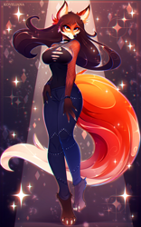Size: 2000x3200 | Tagged: safe, artist:koveliana, oc, oc only, oc:cynthia (collarspider), canine, fox, mammal, anthro, digitigrade anthro, 2021, big breasts, big tail, black nose, bottomwear, breasts, brown body, brown fur, brown hair, claws, cleavage, clothes, commission, ear fluff, eyebrows, eyelashes, female, fishnet, fluff, fur, gloves (arm marking), hair, high res, jewelry, long hair, multicolored fur, necklace, orange body, orange eyes, orange fur, pants, paws, see-through, smiling, socks (leg marking), solo, solo female, sparkles, tail, tail fluff, topwear, vixen, white body, white fur