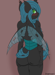Size: 2000x2700 | Tagged: suggestive, artist:drawalaverr, queen chrysalis (mlp), arthropod, changeling, changeling queen, equine, fictional species, anthro, cc by-nc, creative commons, friendship is magic, hasbro, my little pony, annoyed, anthrofied, black body, blushing, breasts, butt, ears, eye through hair, eyebrow through hair, eyebrows, eyelashes, fanart, female, glowing, glowing eyes, green eyes, hair, high res, horn, insect wings, long hair, looking at you, looking back, looking back at you, sideboob, simple background, solo, solo female, tail, tail aside, thighs, torn ear, wings