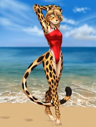 Size: 1500x2000 | Tagged: safe, artist:mykegreywolf, oc, oc only, oc:apricot (mykegreywolf), cheetah, feline, mammal, anthro, digitigrade anthro, 2021, armpits, arms above head, beach, blonde hair, blue eyes, breasts, clothes, detailed background, eyebrow through hair, eyebrows, eyelashes, female, fluff, fur, hair, lifeguard, looking at you, one eye closed, one-piece swimsuit, outdoors, sand, seaside, short hair, solo, solo female, spotted fur, swimsuit, tail, tail fluff, tan body, tan fur