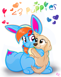Size: 797x1006 | Tagged: safe, artist:rainbow eevee, rainbow dash (mlp), oc, oc:rainbow eevee, canine, dog, eevee, eeveelution, equine, fictional species, golden retriever, hybrid, mammal, pokémon pony, pony, feral, friendship is magic, hasbro, my little pony, nintendo, pokémon, ambiguous gender, awww, blue body, blue fur, brown eyes, brown nose, cute, digital art, duo, female, fur, golden fur, grin, hair, heart, hug, looking at each other, pink eyes, poster, puppy, rainbow, rainbow eevee is trying to murder us, rainbow hair, simple background, sitting, smiling, tail, white background, young