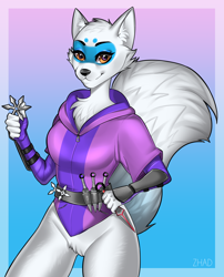 Size: 2016x2500 | Tagged: safe, artist:zhadart, alopex (tmnt), arctic fox, canine, fox, mammal, anthro, teenage mutant ninja turtles, 2021, black nose, breasts, clothes, digital art, ear fluff, ears, eyelashes, featureless crotch, female, fluff, fur, high res, hoodie, looking at you, mask (facial marking), simple background, smiling, smiling at you, solo, solo female, sweater, tail, thighs, topwear, weapon, wide hips