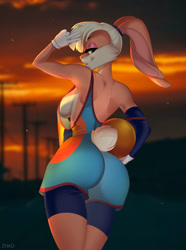 Size: 950x1280 | Tagged: suggestive, artist:zhadart, lola bunny (looney tunes), lagomorph, mammal, rabbit, anthro, looney tunes, space jam, space jam: a new legacy, warner brothers, 2021, armpits, bedroom eyes, bottomwear, braless, breasts, butt, clothes, detailed background, digital art, ears, eyelashes, female, fur, hair, looking at you, looking back, looking back at you, shirt, shorts, sideboob, solo, solo female, tail, thighs, topwear, wide hips