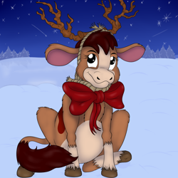 Size: 1400x1400 | Tagged: safe, artist:pavlovzdawg, bovid, cattle, cow, mammal, feral, annabelle (annabelle's wish), annabelle's wish, black eyes, brown body, brown fur, brown hair, brown tail, calf, cute, fake antlers, female, fur, hair, hooves, solo, solo female, tail, young
