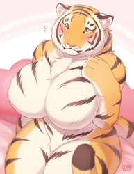 Size: 1200x1551 | Tagged: suggestive, artist:kirin_o0v0o, artist:きりゆ, oc, oc only, big cat, feline, mammal, tiger, anthro, 2020, blushing, breasts, cheek fluff, chest fluff, complete nudity, ear fluff, female, fluff, fur, huge breasts, nipple fluff, nudity, orange body, orange fur, pubic fluff, shoulder fluff, sitting, solo, solo female, striped fur, sweat, sweatdrop, tail, tail fluff, thick thighs, thighs, thunder thighs, tigress, voluptuous, whiskers, white body, white fur, wide hips, yellow eyes