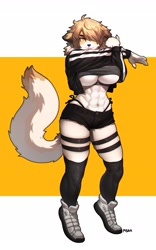 Size: 1789x2861 | Tagged: suggestive, artist:pgm300, canine, dog, mammal, anthro, abs, breasts, clothes, female, huge breasts, muscles, muscular female, panties, side-tie panties, solo, solo female, stretching, tail, underboob, underwear