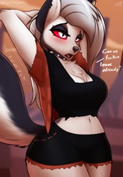 Size: 1668x2388 | Tagged: safe, alternate version, artist:stargazer, loona (vivzmind), canine, fictional species, hellhound, mammal, anthro, hazbin hotel, helluva boss, 2021, adorasexy, arms behind back, belly button, big breasts, black nose, blushing, bottomwear, breasts, chest fluff, cleavage, cleavage fluff, clothes, collar, colored sclera, crop top, cute, cute little fangs, dialogue, ear piercing, earring, ears, eyebrow piercing, eyebrows, eyelashes, eyeshadow, fangs, female, fluff, fur, glistening, glistening hair, gray body, gray fur, gray hair, hair, long hair, makeup, multicolored fur, open mouth, piercing, red sclera, sexy, sharp teeth, solo, solo female, spiked collar, tail, talking, teeth, thick thighs, thighs, tongue, topwear, vest, voluptuous, vulgar, white body, white eyes, white fur, wide hips