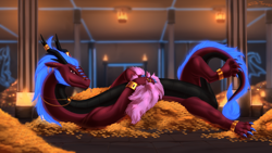 Size: 2900x1631 | Tagged: safe, artist:shido-tara, dragon, eastern dragon, fictional species, feral, bracelet, commission, gold, jewelry, looking at you, lying down, necklace, ring, spread legs, treasure