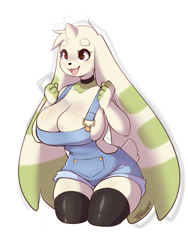 Size: 765x1015 | Tagged: safe, artist:teranen, fictional species, terriermon, anthro, digimon, 2021, black nose, breasts, brown eyes, cleavage, clothes, eyebrows, eyelashes, female, fur, hair, horn, huge breasts, jewelry, legwear, long ears, multicolored fur, necklace, open mouth, open smile, short tail, smiling, solo, solo female, tail, thick thighs, thigh highs, thighs, tongue, two toned body, two toned fur, voluptuous, wide hips