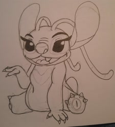 Size: 2270x2521 | Tagged: safe, artist:greenkat, angel (lilo & stitch), alien, experiment (lilo & stitch), fictional species, disney, lilo & stitch, 2021, 4 fingers, 4 toes, antennae, black and white, chest marking, claws, eyelashes, female, grayscale, high res, irl, looking at you, monochrome, open mouth, open smile, photo, photographed artwork, sketch, smiling, solo, solo female, teeth, toe claws, traditional art