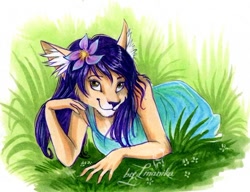 Size: 680x521 | Tagged: safe, artist:imanika, oc, oc only, cat, feline, mammal, anthro, 2015, female, flower, flower in hair, grass, green eyes, hair, hair accessory, looking at you, lying down, prone, smiling, solo, solo female, traditional art