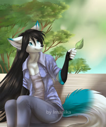 Size: 661x796 | Tagged: safe, artist:imanika, oc, oc only, canine, fox, mammal, anthro, 2015, blue eyes, bottomwear, clothes, female, leaf, pants, shirt, smiling, solo, solo female, topwear, vixen