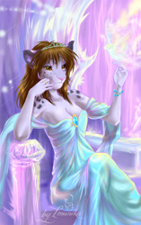 Size: 653x1041 | Tagged: safe, artist:imanika, oc, oc only, big cat, feline, mammal, snow leopard, anthro, amber eyes, breasts, cleavage, clothes, dress, female, smiling, solo, solo female, throne, tiara