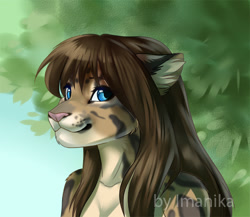 Size: 523x453 | Tagged: safe, artist:imanika, oc, oc only, big cat, feline, leopard, mammal, anthro, blue eyes, bust, female, low res, smiling, solo, solo female