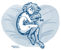 Size: 1432x1181 | Tagged: safe, artist:twokinds, kat (twokinds), fictional species, keidran, mammal, anthro, twokinds, 2021, bed, breasts, complete nudity, digital art, eyes closed, female, fur, hair, hug, lying down, monochrome, nudity, on bed, on side, paw pads, paws, sideboob, solo, solo female, spots, spotted fur, tail, tail hug, top view
