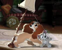 Size: 1200x971 | Tagged: safe, artist:oha, lady (lady and the tramp), scamp (lady and the tramp), canine, cocker spaniel, dog, mammal, spaniel, feral, disney, lady and the tramp, 2d, duo, featured image, female, lamp, male, mother, mother and child, mother and son, puppy, son, this will not end well, young