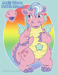 Size: 995x1280 | Tagged: safe, artist:carnival-tricks, dragon, fictional species, western dragon, semi-anthro, my magic kissing dragon, 2d, female, pink body, solo, solo female, starry eyes, wingding eyes, yellow belly