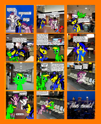 Size: 2110x2590 | Tagged: safe, artist:mrstheartist, pipp petals (mlp), zipp storm (mlp), oc, oc:didgeree, oc:ponyseb 2.0, equine, fictional species, mammal, pegasus, pony, feral, comic:ponyseb 2.0 meets zipp storm at montreal, friendship is magic, hasbro, mcdonald's, my little pony, my little pony g5, spoiler, spoiler:my little pony g5, base used, bipedal, bright colors, comic, female, group, high res, male, male/female, male/male, mare, montreal, night, open mouth, orange background, ponies in quebec, ponies in real life, simple background, smiling, speech bubble, stallion, talking, text, trio