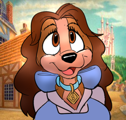 Size: 441x419 | Tagged: artist needed, safe, belle (beauty and the beast), lady (lady and the tramp), canine, cocker spaniel, dog, mammal, spaniel, anthro, beauty and the beast, disney, lady and the tramp, 2d, anthrofied, brown body, brown eyes, brown fur, cosplay, crossover, female, fur, low res, open mouth, solo, solo female