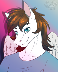 Size: 968x1200 | Tagged: safe, artist:sunny way, oc, oc only, equine, fictional species, mammal, pegasus, pony, anthro, hasbro, my little pony, anthrofied, artwork, bust, commission, digital art, headshot, male, portrait, sketch, smiling, solo, solo male, stallion, wings