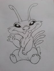 Size: 3000x4000 | Tagged: safe, artist:greenkat, holio (lilo & stitch), alien, experiment (lilo & stitch), fictional species, disney, lilo & stitch, 2021, 3 toes, 4 fingers, antennae, back spines, black and white, fur, grayscale, irl, looking at you, male, monochrome, photo, photographed artwork, sitting, smiling, smiling at you, solo, solo male, traditional art, waving