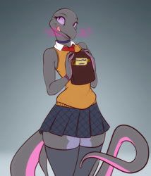 Size: 2051x2400 | Tagged: safe, artist:scorpdk, fictional species, salazzle, anthro, nintendo, pokémon, book, bottomwear, clothes, female, high res, pheremones, skirt, sleeveless sweater, solo, solo female, tail
